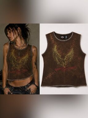 Vintage Harley Davidson XL Brown Bleach Wash Whipstitch Tank Top Biker Grunge